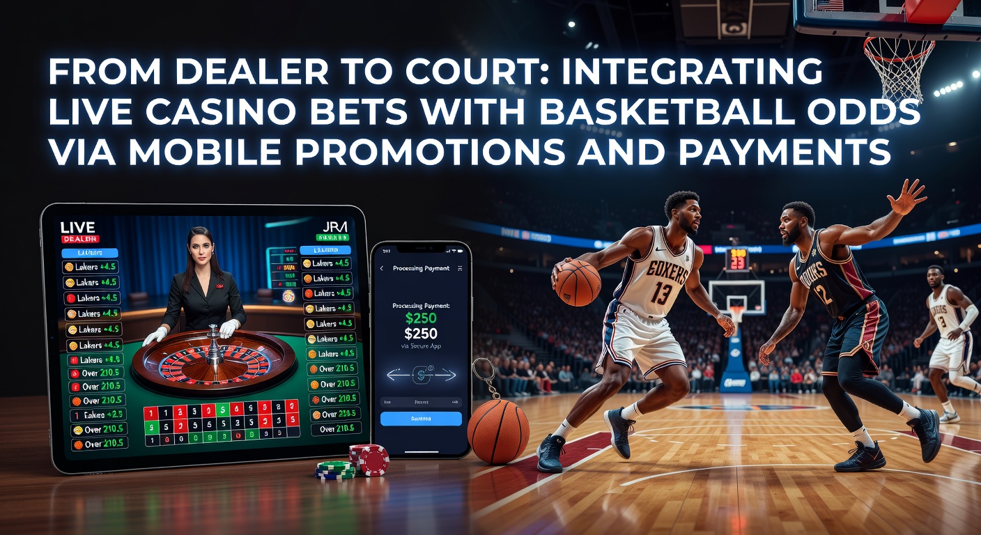 Smartphone mit Live-Casino-Tisch und Basketball-Spiel auf dem Bildschirm, umgeben von Promotions-Icons und Zahlungsoptionen