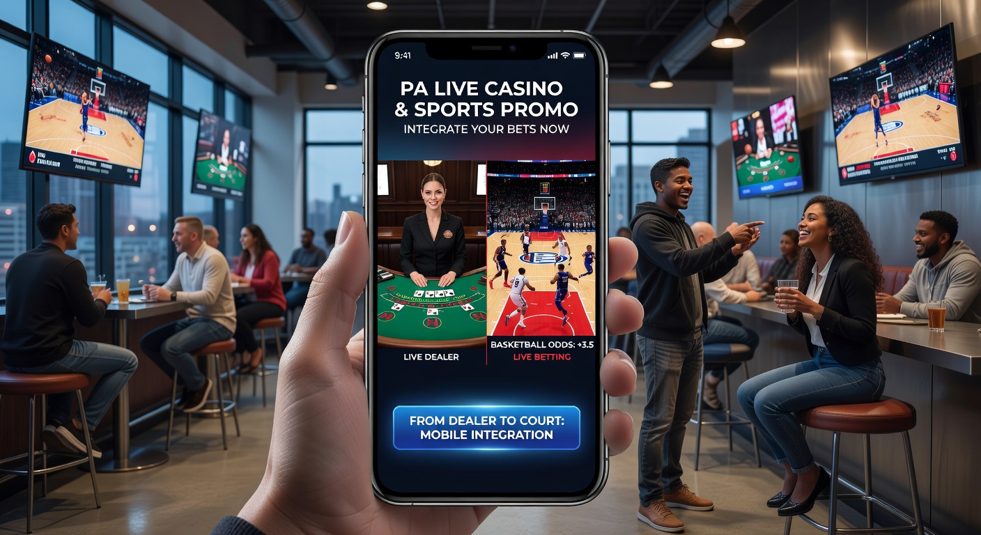 Grafik einer mobilen App, die Live-Casino-Dealer, Basketball-Court und Zahlungs-Icons in einem nahtlosen Interface zeigt