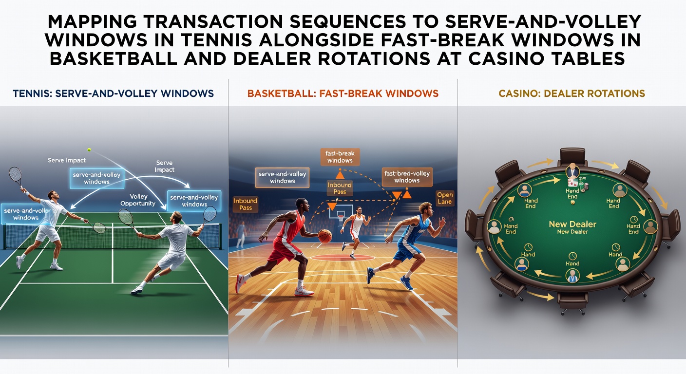 Darstellung von Transaktionssequenzen die mit sportlichen Fenstern in Tennis und Basketball sowie Casino-Rotationen synchronisiert werden