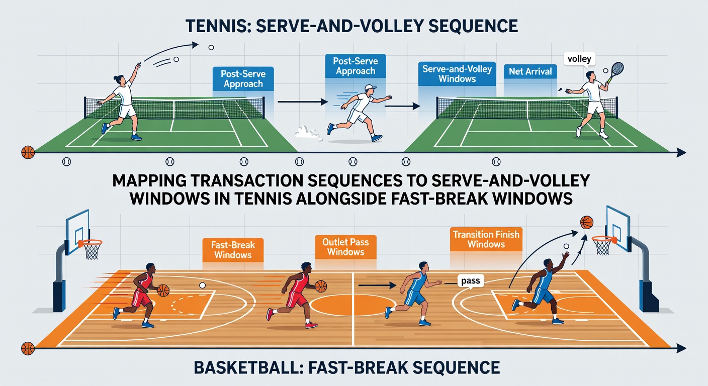 Visualisierung der Synchronisation von Transaktionsdaten mit Basketball-Fast-Breaks und Casino-Dealer-Rotationen