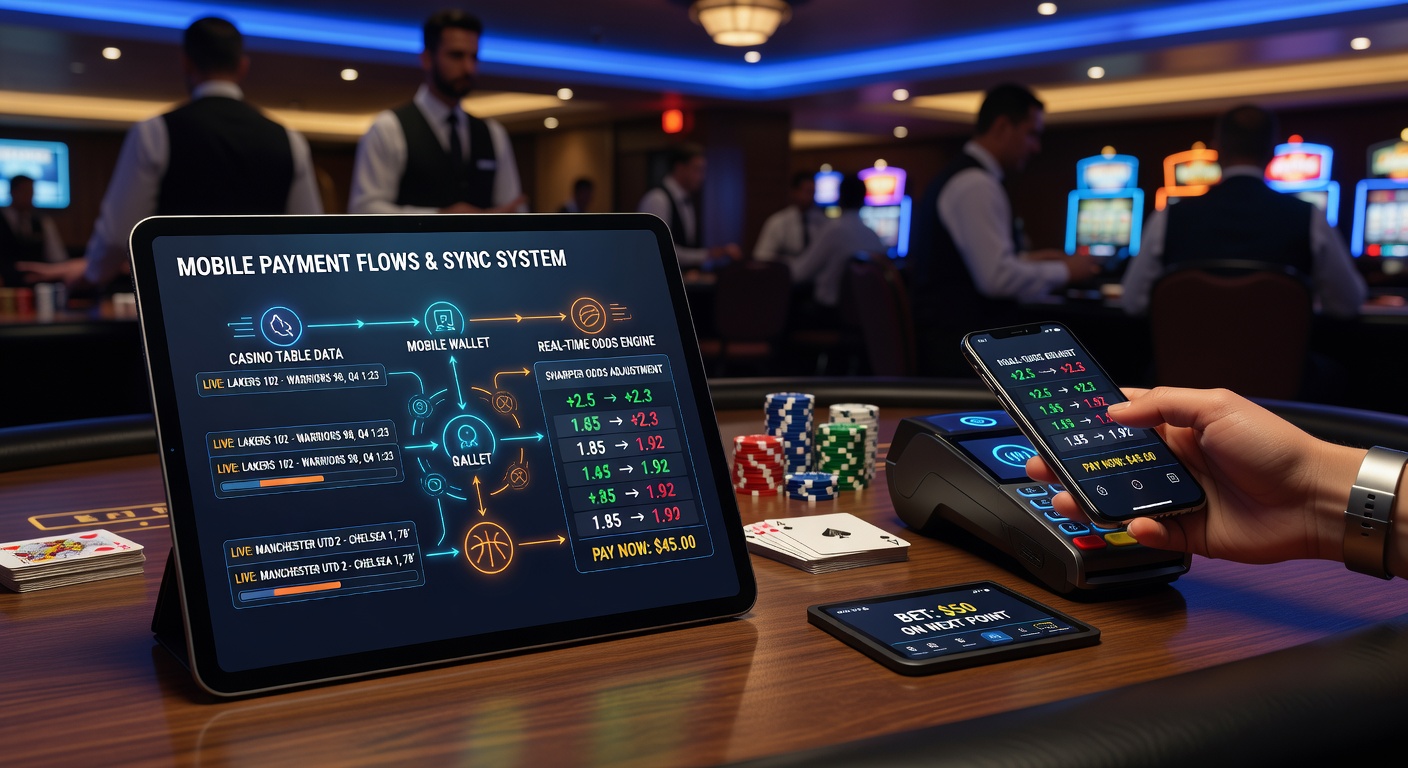 Darstellung von mobilen Zahlungsflüssen die Casino-Tische mit Live-Daten aus Basketball und Fußball verbinden