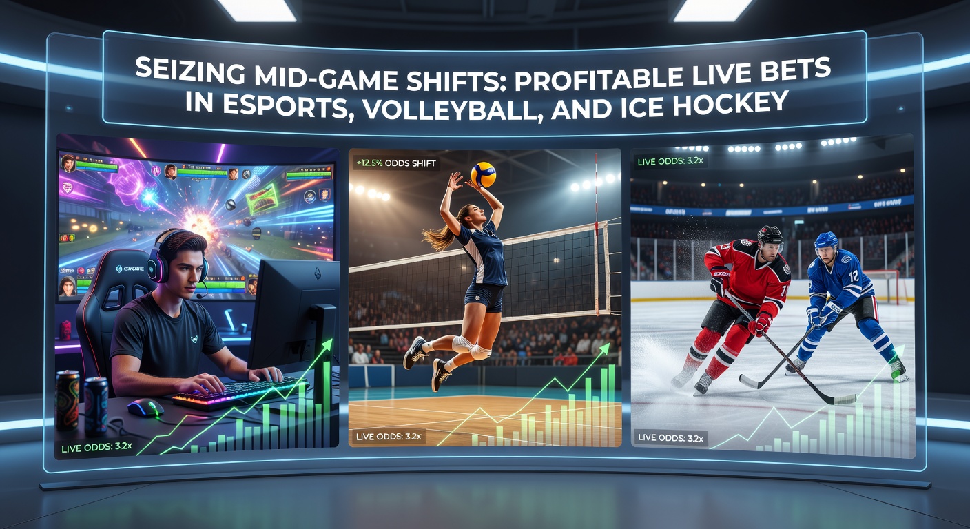 Dynamische Live-Wetten-Szene mit E-Sports-Spielern, Volleyball-Action und Eishockey-Momenten auf einem Bildschirm