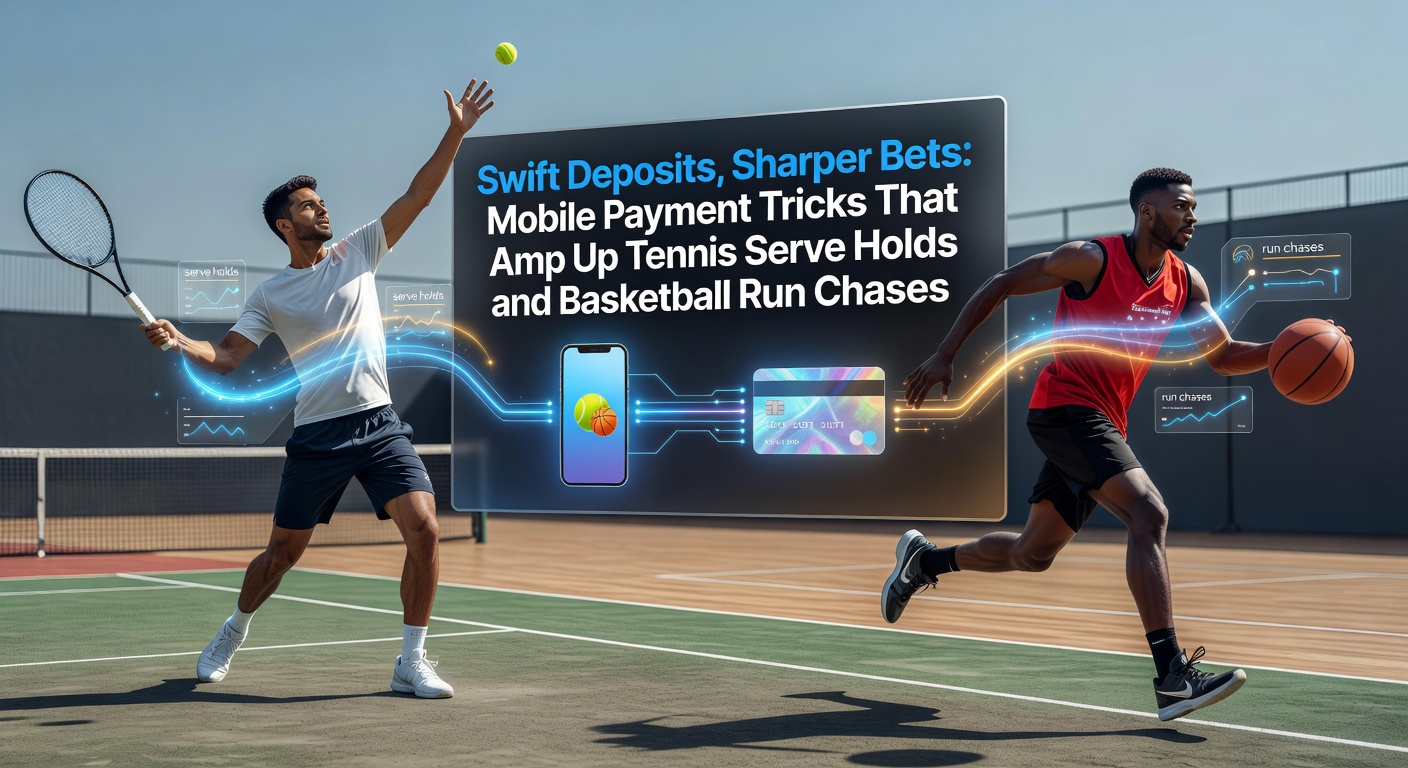 Smartphone mit Tennis- und Basketball-Wetten-App und schnellen Zahlungsoptionen im Vordergrund, während ein Serve und ein Run stattfinden